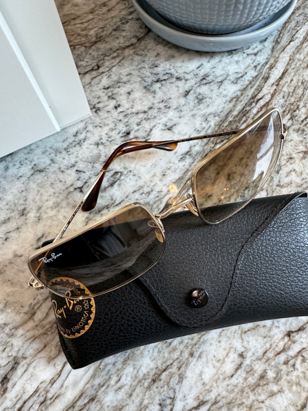 Ray-Ban Gold Frame Brown Gradient Square Sunglasses with Black Case - Picture 2 of 3